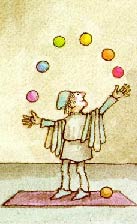 絵本の挿絵；色とりどりの玉で曲芸をする老ジョヴァンニ